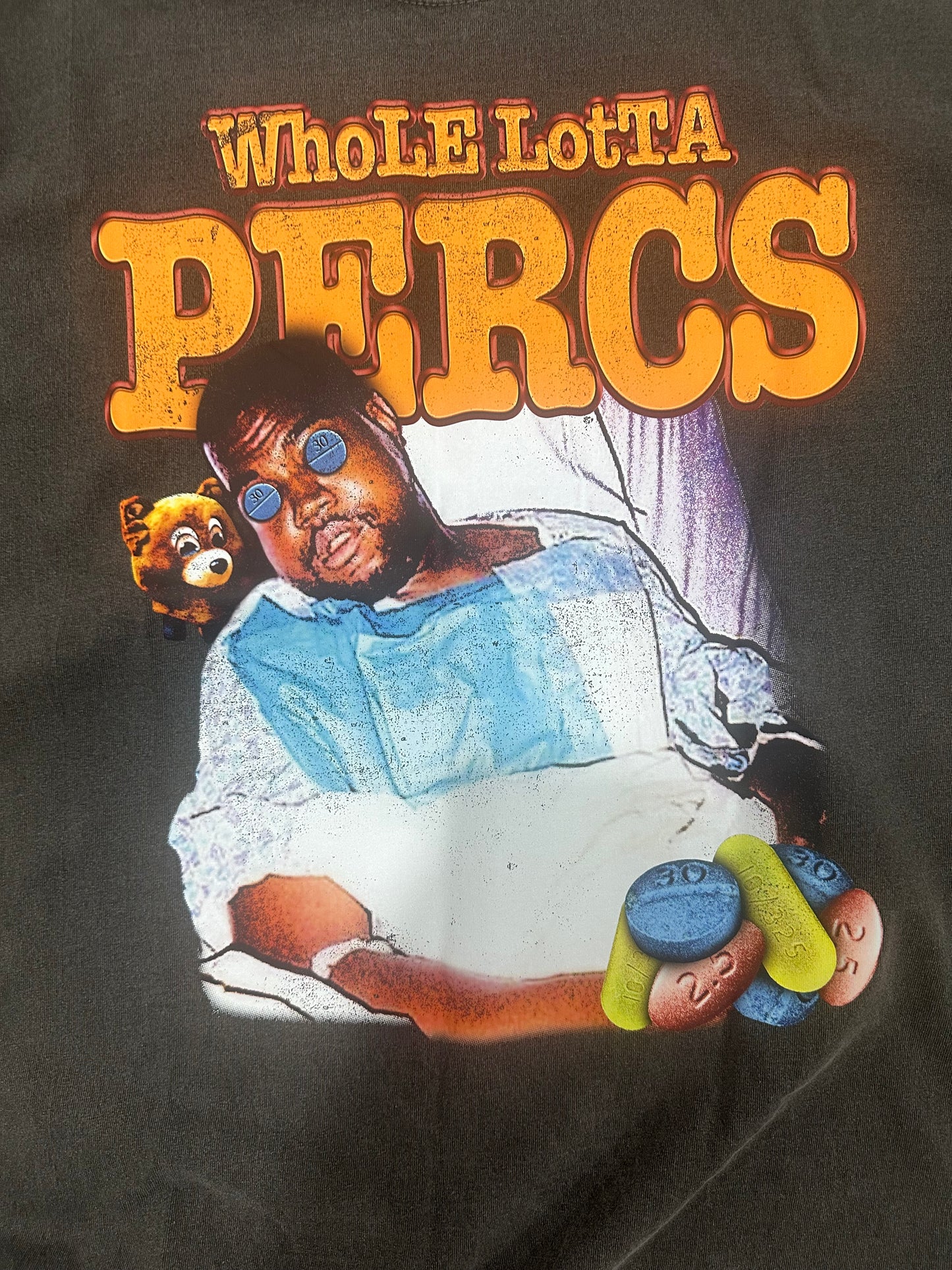 Whole Lotta Percs Through The Wire Tee. (Shadow Grey)Front and Back Design